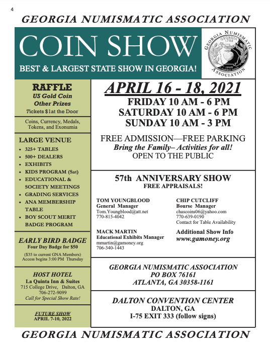 Georgia Numismatic Association Journal page four advertisement for April 2021 show